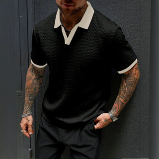 Novos homens Jacquard malha Polo camisa de manga curta Casual cor sólida roupas masculinas