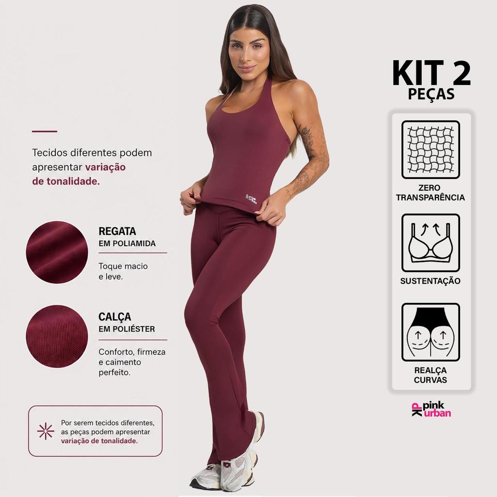 Kit Regata Frente Única Poliamida + Calça Flare Blackout Cintura Alta Conjunto Fitness Feminino Zero Transparência