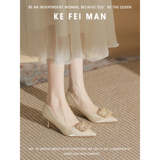 [Kefiman] Pérola fivela quadrada salto alto feminino cetim apontou sapatos de salto agulha sapatos de noiva sapatos de c