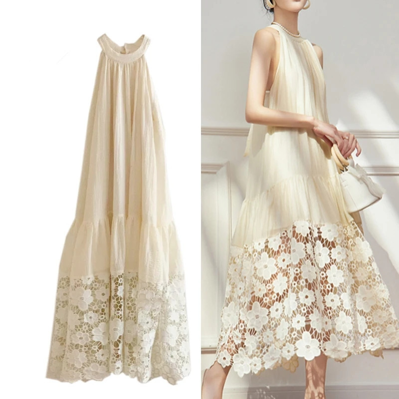 Vestido De Férias De Praia Com Ombros De Fora , Sem Mangas , Embelezado Em Renda 202609-1