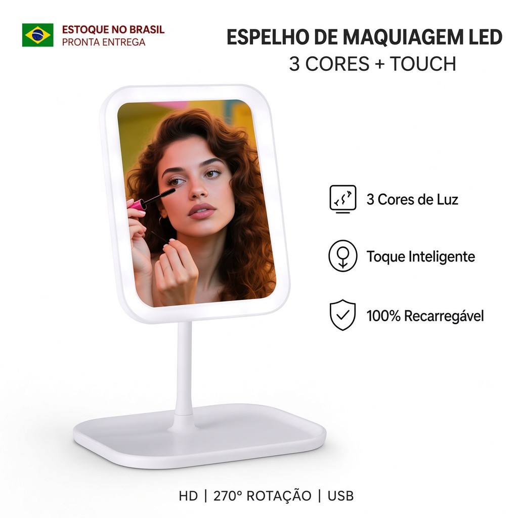 Espelho de Maquiagem Mesa LED 3 Cores Recarregável Espelho Mesa Touch Luzes Ajustáveis Portátil USB