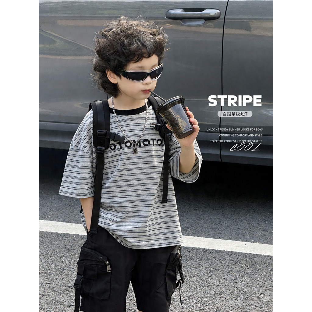 Meninos listrado camiseta de manga curta 2026 verão novo estilo puro algodão impresso crianças topo na moda legal solto 