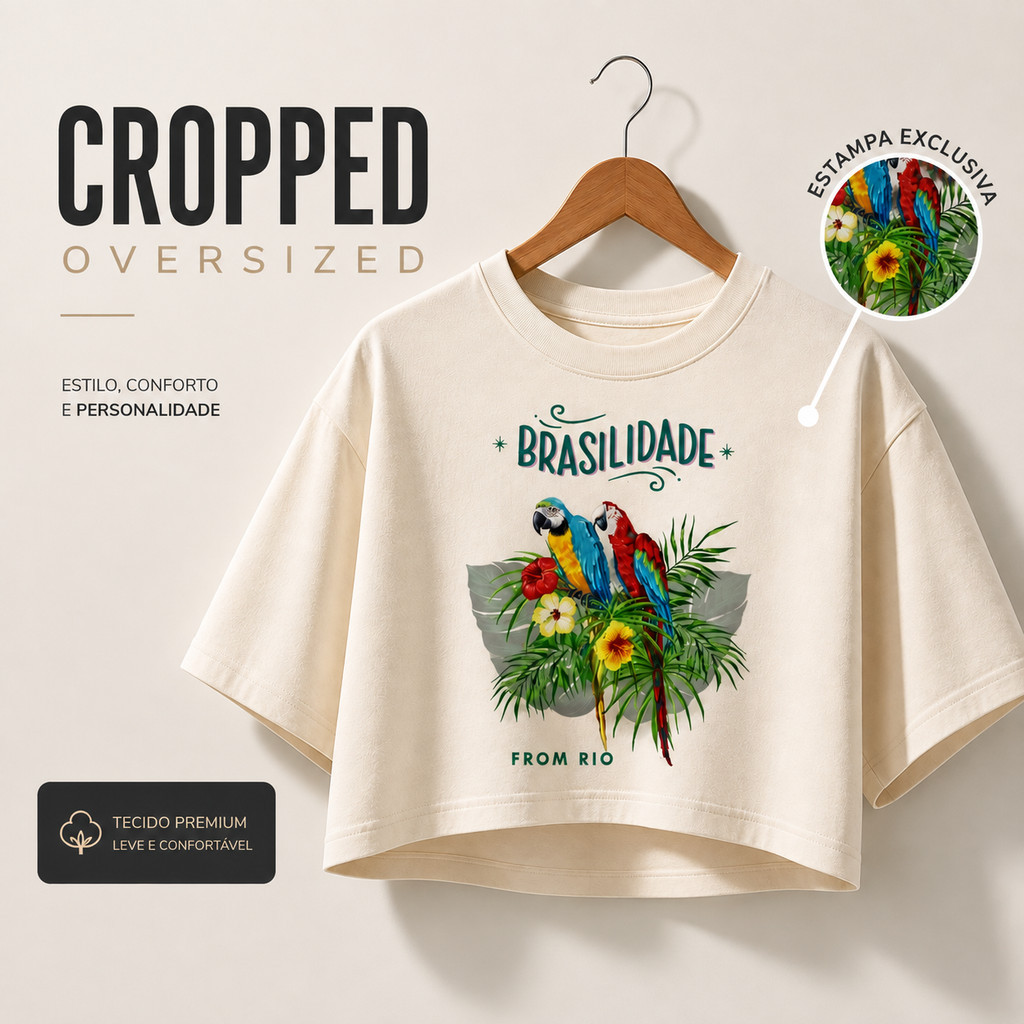 Cropped Feminino Oversized Brasilidade Estampado Camiseta Feminina Manga Casual Confortável Moda Verão