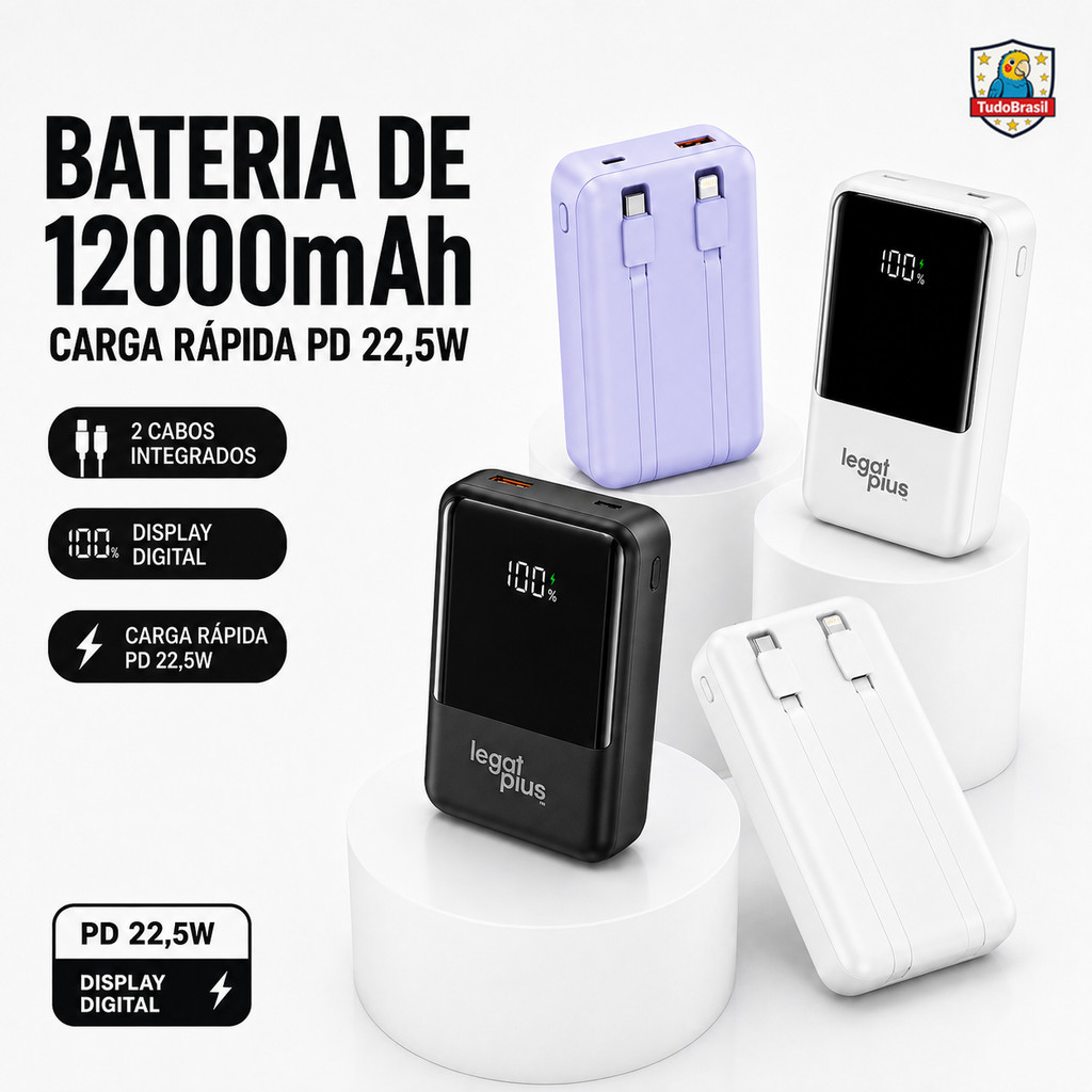 Power Bank 12000mAh com Display Digital e 2 Cabos Integrados – Carregamento Rápido 22.5W – Bivolt 3.7V