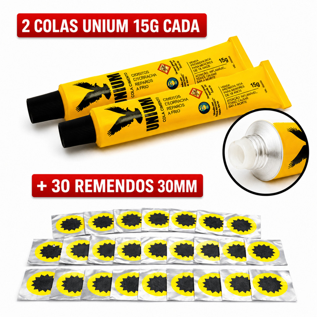 30 REMENDOS R00 + COLA UNIUM | KIT REMENDO BIKE BICICLETA CAMARA DE AR