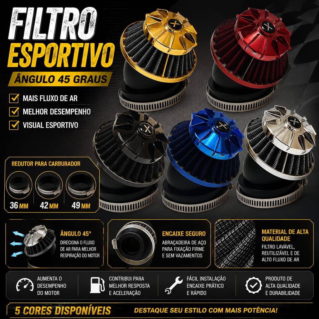 Filtro de ar esportivo 45 graus diversas cores 36 42 49 mm adaptavel