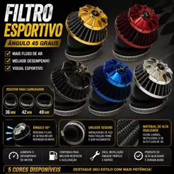 Filtro de ar esportivo 45 graus diversas cores 36 42 49 mm adaptavel