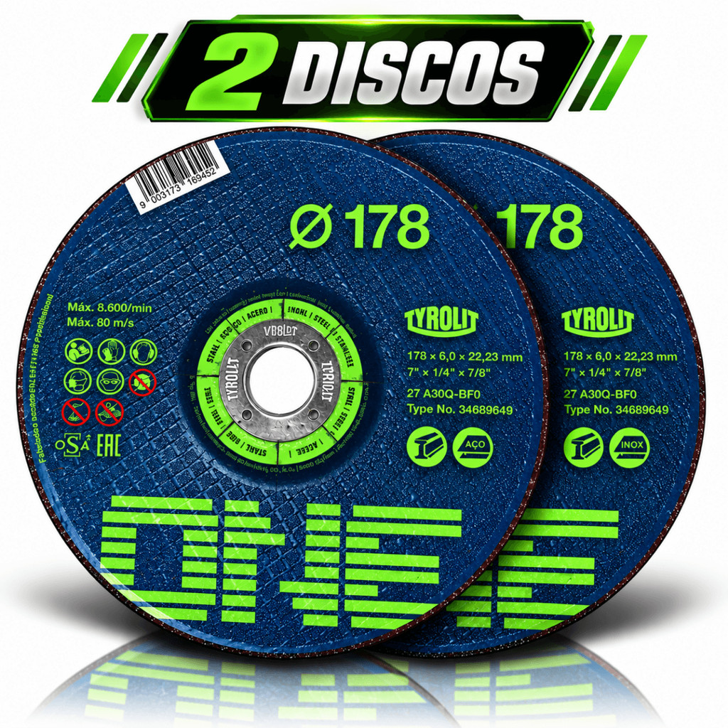 Kit 2 Discos Desbaste Tyrolit One 7" 178x6x22,23mm Aço Inox Profissional Esmerilhadeira Abrasivo para Metal 7 Polegadas