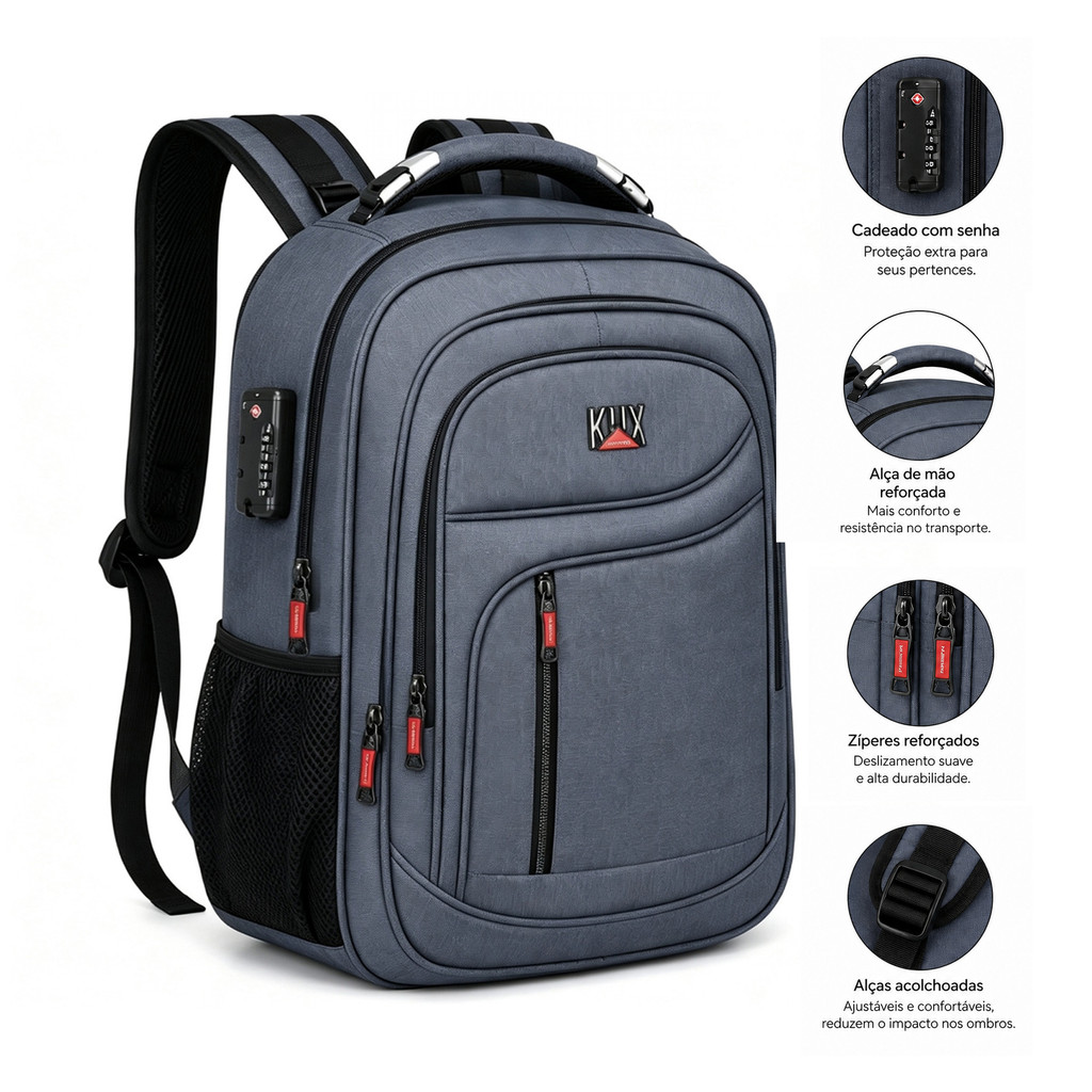 Mochila Para Notebook 19 Polegadas Tecido Resistente Fecho Antifurto Multiplos Compartimentos Escola Trabalho Viagem