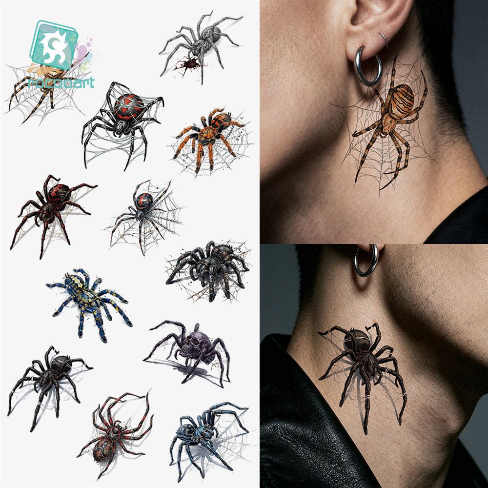 Adesivos de tatuagem de Halloween, à prova d'água e resistentes ao suor, adesivos de tatuagem 3D de aranha para o dorso