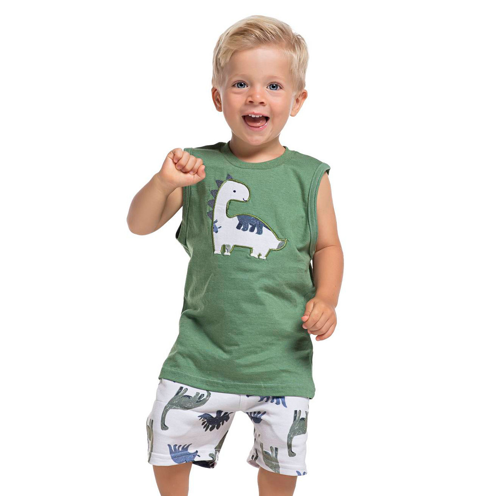 Conjunto Meninos Regata Verde Dino Bordado e Bermuda Estampada