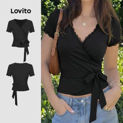 Lovito Camiseta Casual Feminina Gola Franzida com Renda Versátil Primavera/verão Preta TSB200TD292