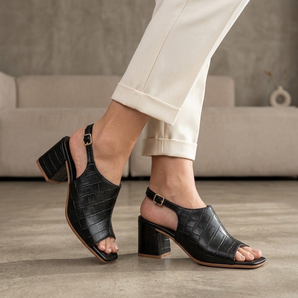 Sandália Feminina Adulta Tamanco Croco Macia Confortável Salto 7CM Leve Ajustável Casual Promoção — imagem 2 de 2