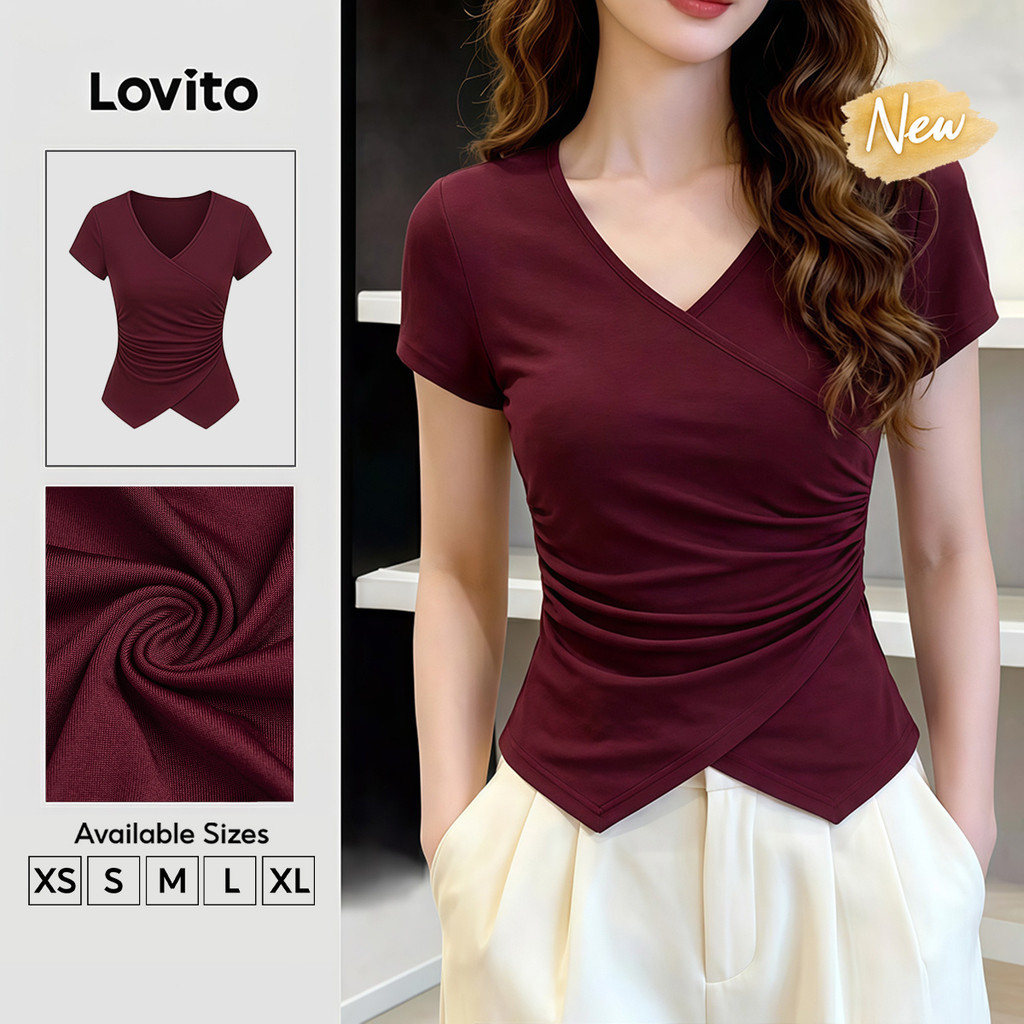 (New Arrival) Lovito Camiseta Feminina Casual De Manga Curta Gola V Cachecol Confortável E Estilosa Primavera/verão Vinho Fim De Semana Natal TSB205P2D380