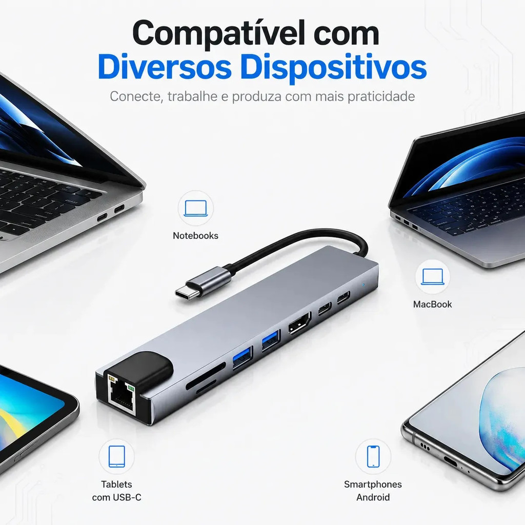 Hub Usb-c 8 Em 1 Hdmi 4k Ethernet Leitor Sd Tf Usb 3.0 100w Rápido Adaptador Multiportas Macbook Notebook Tipo C HB-031