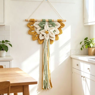 Suspensão de Parede Macramê Floral Feito à Mão, Decoração de Parede Algodão, Estilo Boho Contemporâneo para Sala e Quart