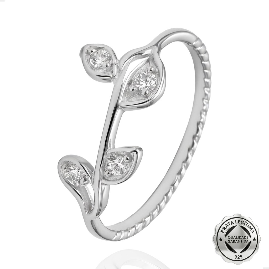 Anel Prata 925 Feminino 4 Folhinhas com Zircônias Brancas
