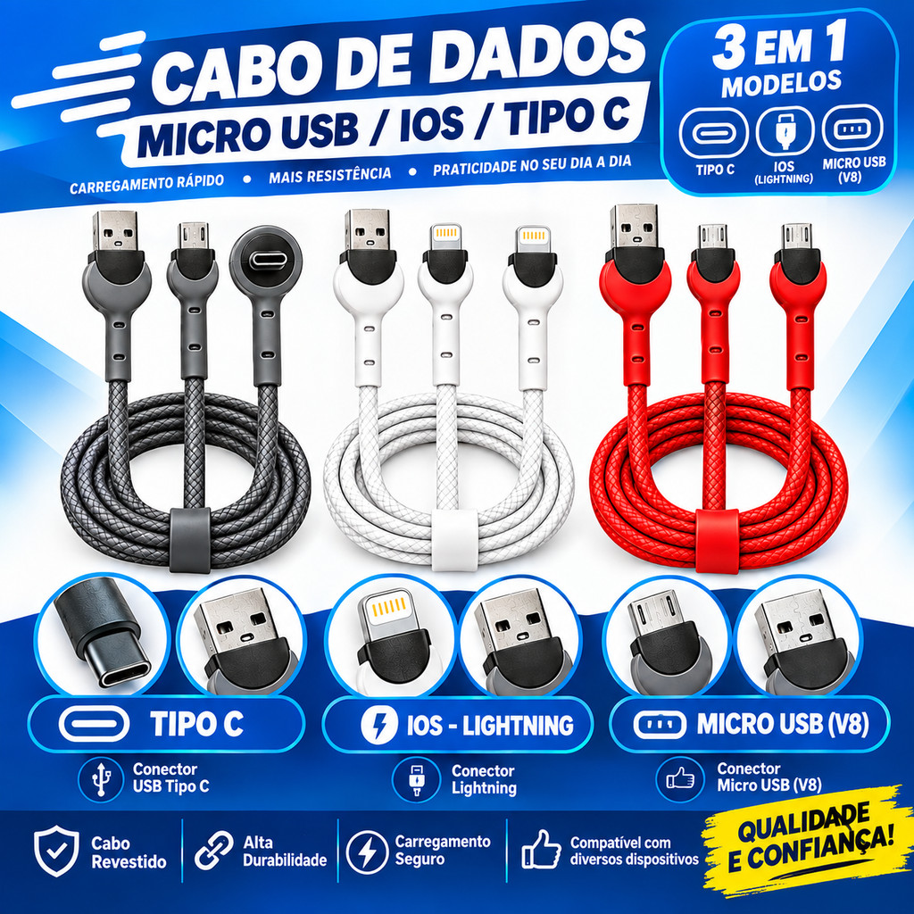 Cabo USB Tipo C Lightning e Micro USB 90° 1,2m para Carregamento Smartphones e Tablets
