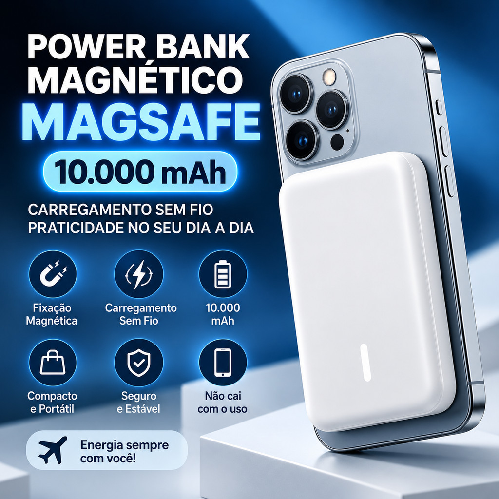 Power Bank Magnético MagSafe 10.000mAh 15W para iPhone Carregador Sem Fio USB-C