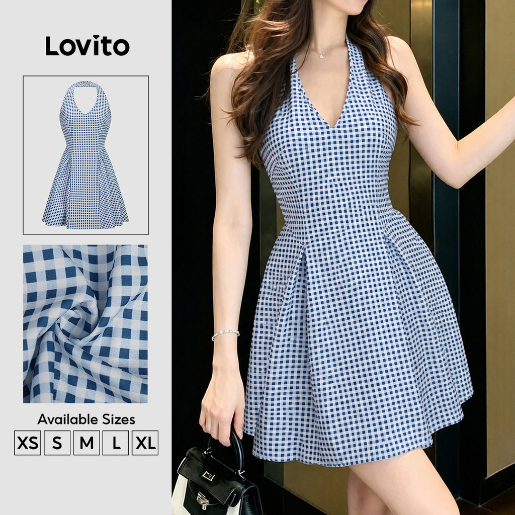 Lovito Vestido Casual Azul e Branco Feminino Primavera/verão Simples DRK8P2D920