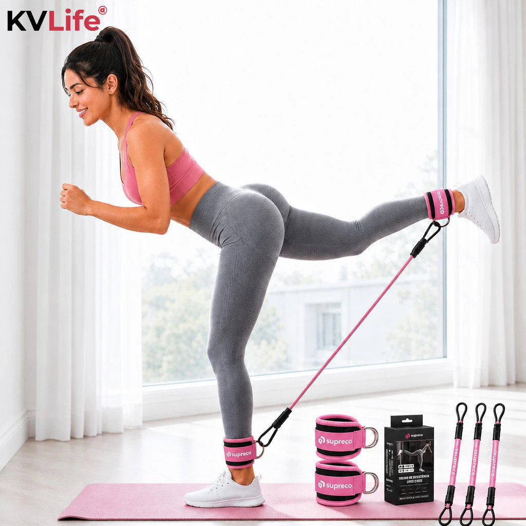 Kit Tornozeleira com 3 Faixas Elásticas de Resistência Treino Pernas Glúteos Academia Polia Baixa Cross Over