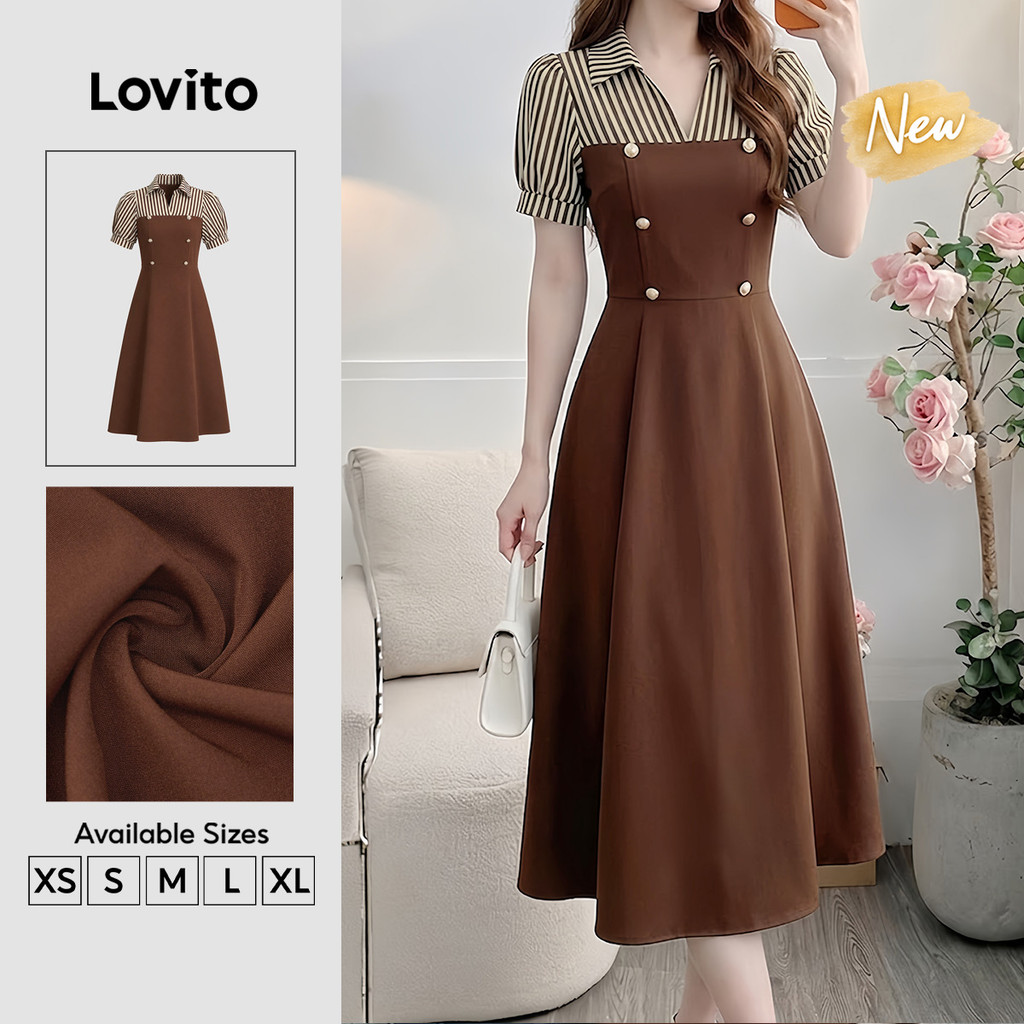 (New Arrival) Lovito Vestido Elegante Castanho Feminino Às Riscas Às Riscas Falso 2 Em 1 De Abotoamento Duplo Comprido De Corte Evasê Para a Primavera E O Verão Para Trabalho DRB204P1D821
