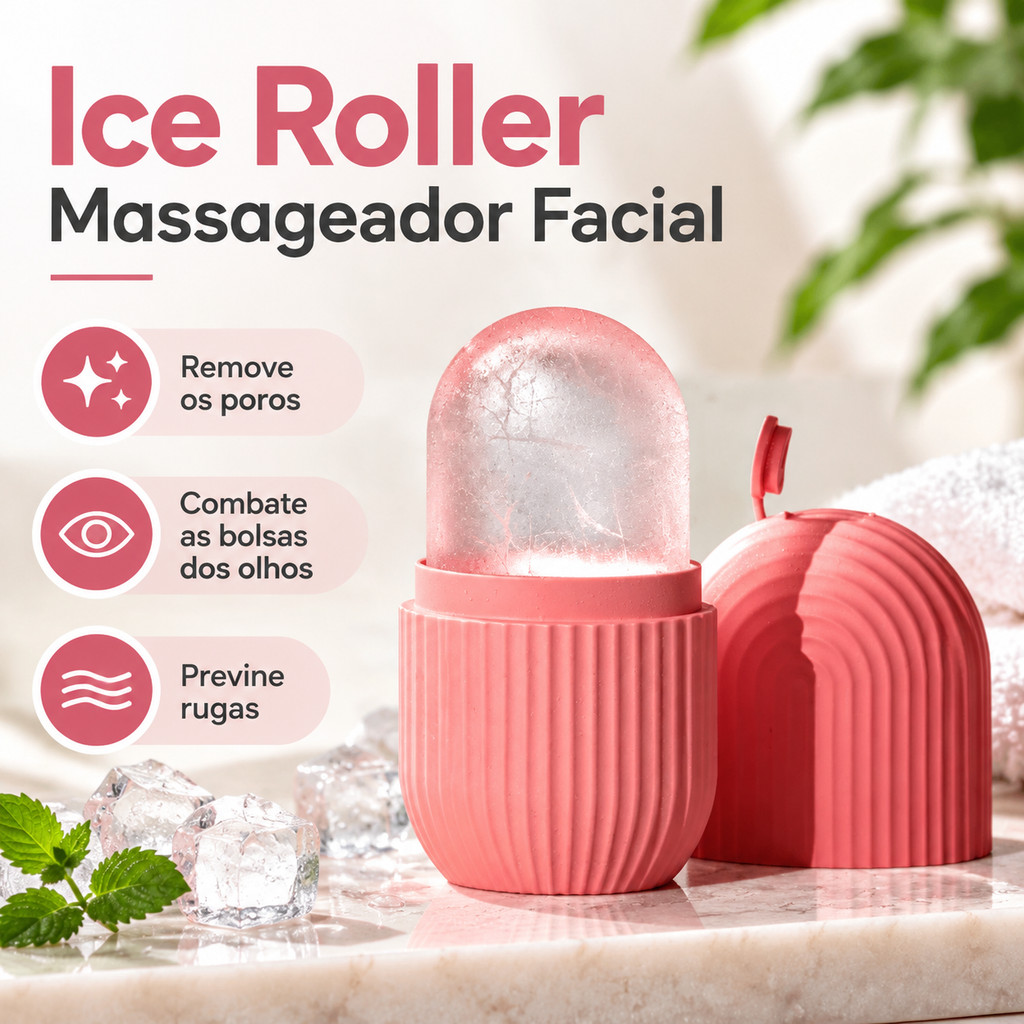 Massageador Facial Rolo Gelo em Silicone, combate inchaço olheiras,reduz poros,diminui bolsas oculares e previne rugas.