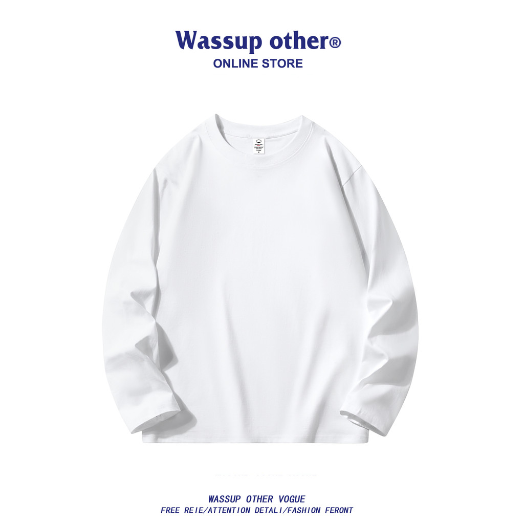WASSUP OUTRO Americano Pesado Cor Sólida Manga Comprida Camiseta Masculina Primavera Outono Solta Casual Base Interna Ca
