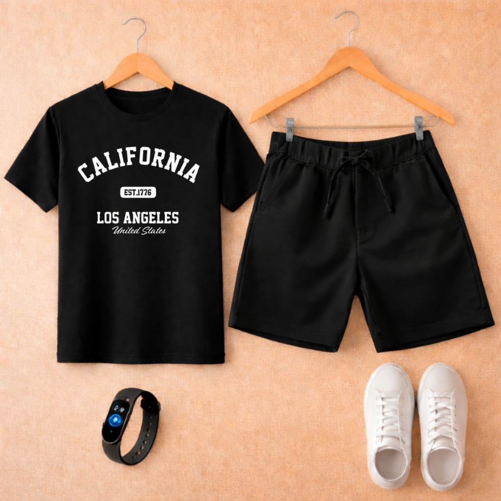 Conjunto Infantil Camiseta e Bermuda Moletinho California + Relógio Pomoçao de verao