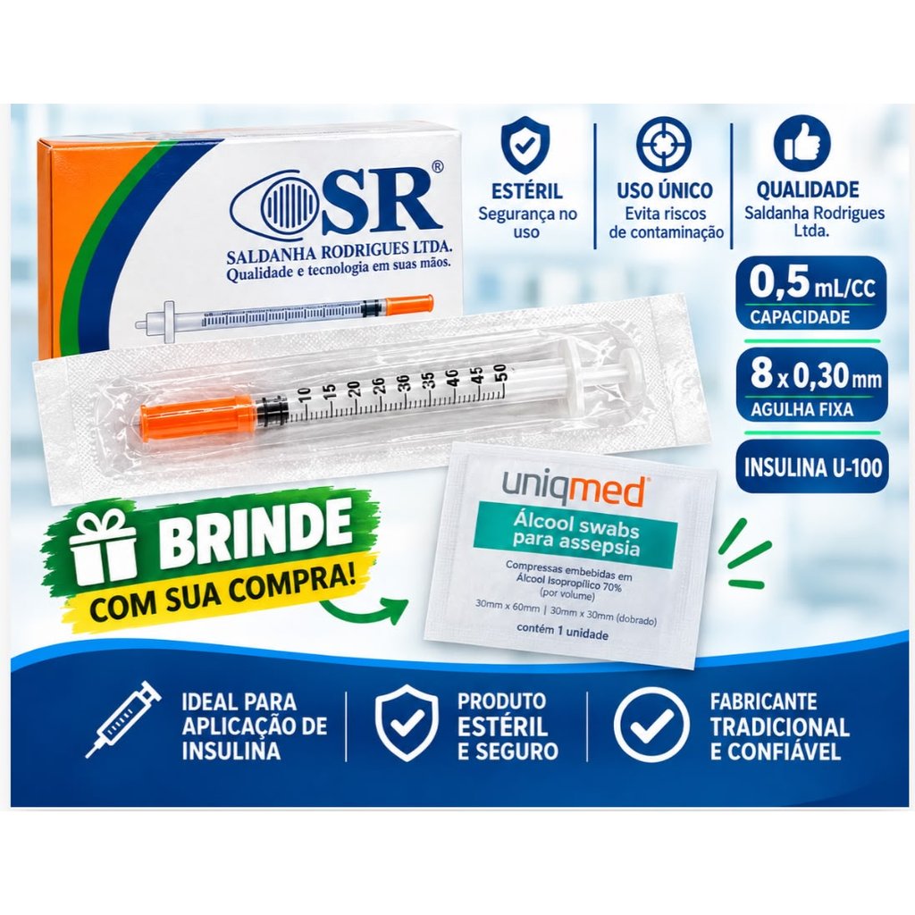 Seringas Insulina 0,5ml C/agulha Fixa 8mm X0,30m Sr 0.5 Ml KIT:50 unidades