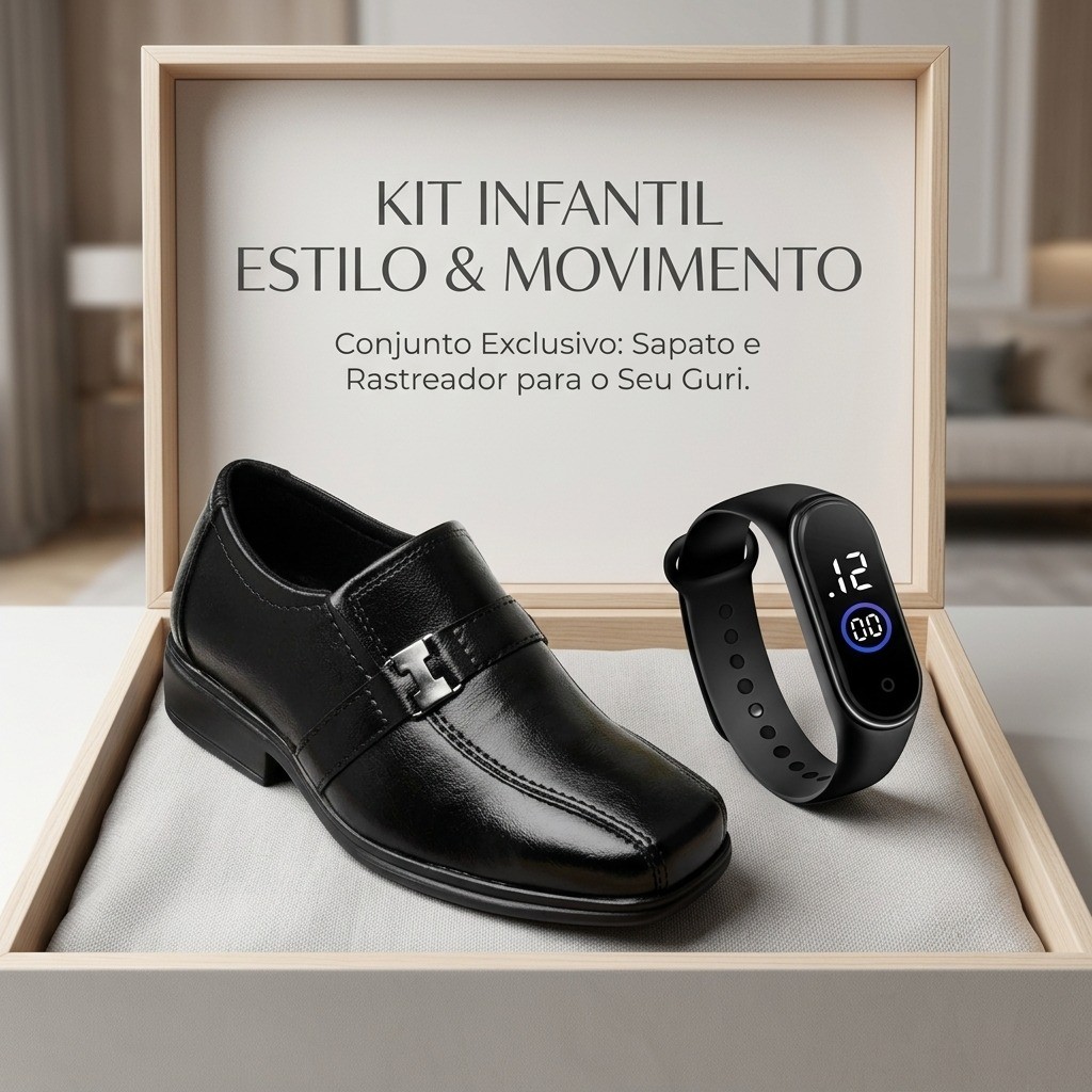 Sapato Social Masculino Infantil + Relógio Digital Menino Kit Preto para Festa Formatura Casamento 21-36
