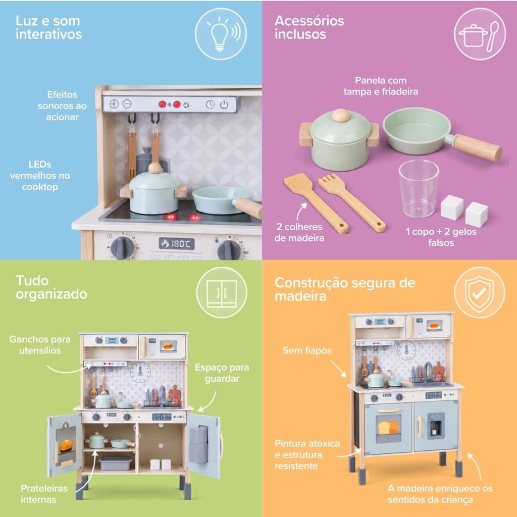 Cozinha Infantil Completa Brinquedo Interativo Madeira MDF Luz Som Com Acessórios Wooden Maxi Toys — imagem 2 de 2