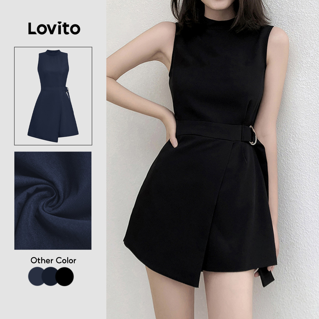 Lovito Curto Elegante Macacão Liso Assimétrico Com Fivela De Metal Primavera/Verão Preto Para Mulheres L135A2D274