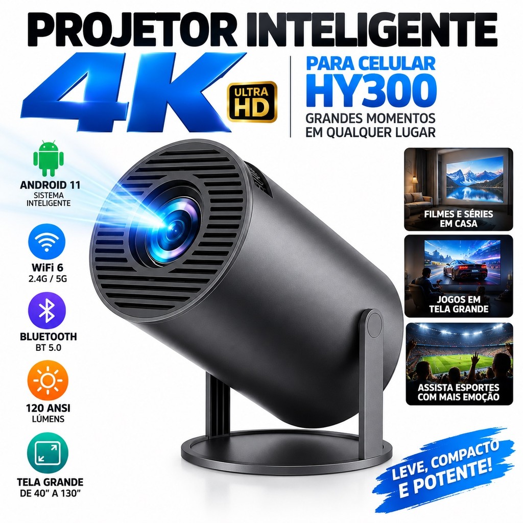 Projetor Magcubic HY300 Portátil Smart Android 11 WiFi Bluetooth HDMI Alto Falante Embutido Cinema Casa jimyy