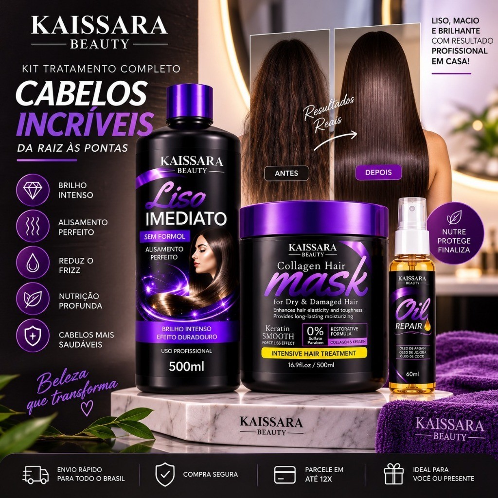 Kit Kaissara Beauty – Liso Imediato 500ml + Collagen Hair 500ml + Oil Repair 60ml — imagem 2 de 2