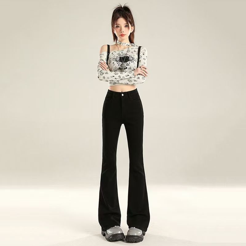 Preto Micro-queimado Jeans feminino outono 2026 novo estilo fino cintura alta alongado elástico mais magro olhar queimad