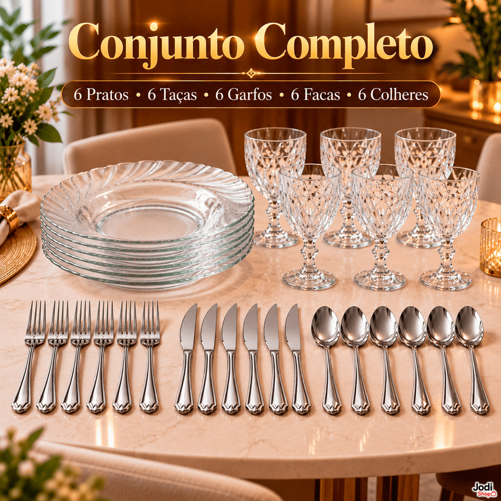 Jogo de Jantar 30 Peças com 6 Pratos, 6 Taças e 18 Talheres para Mesa Posta