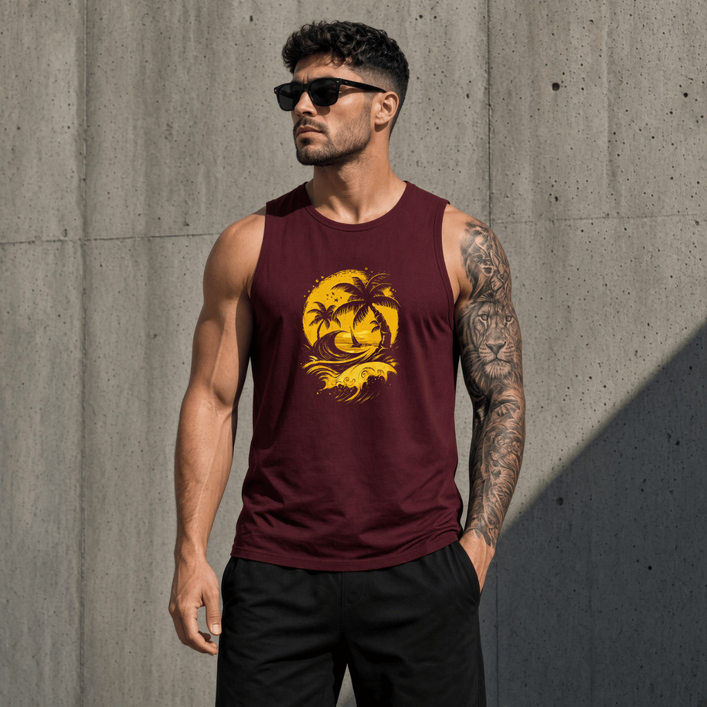 Regata Masculina Academia Algodão 100% Estampada Mar Onda Coqueiro Premium Treino Fitness Casual Streetwear Verão