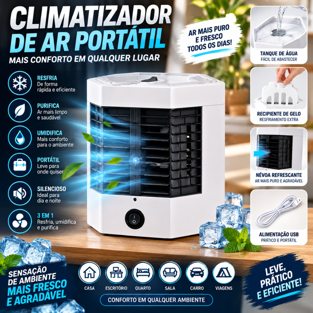 Climatizador de Ar Portátil Mini Umidificador Refrigerador com Reservatório Água Gelo Alimentação USB Quarto Escritório