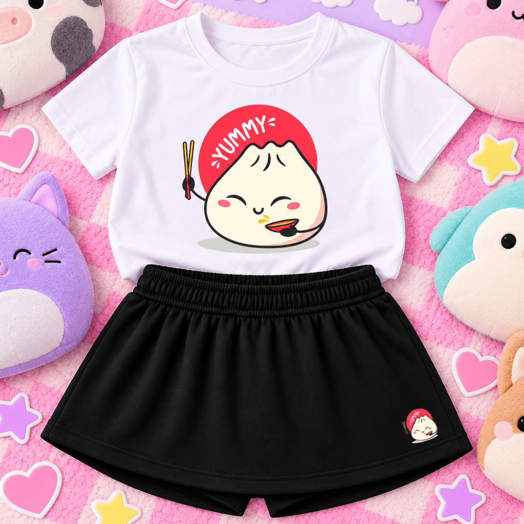 Conjunto Infantil Menina Camiseta Estampada Kawaii com Short Saia Preto Roupa Feminina Infantil Confortável Verão