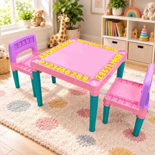 Mesa Infantil Plástico Mesinha Educativa Didática 2 Cadeiras Com Letras e Números Menina Rosa Tritec