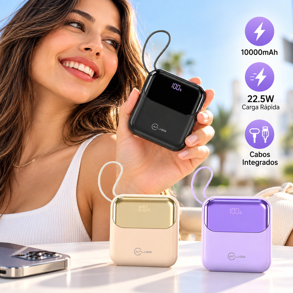 Power Bank 10000mAh 22,5W Carregamento Rápido Cabos Tipo-C Lightning