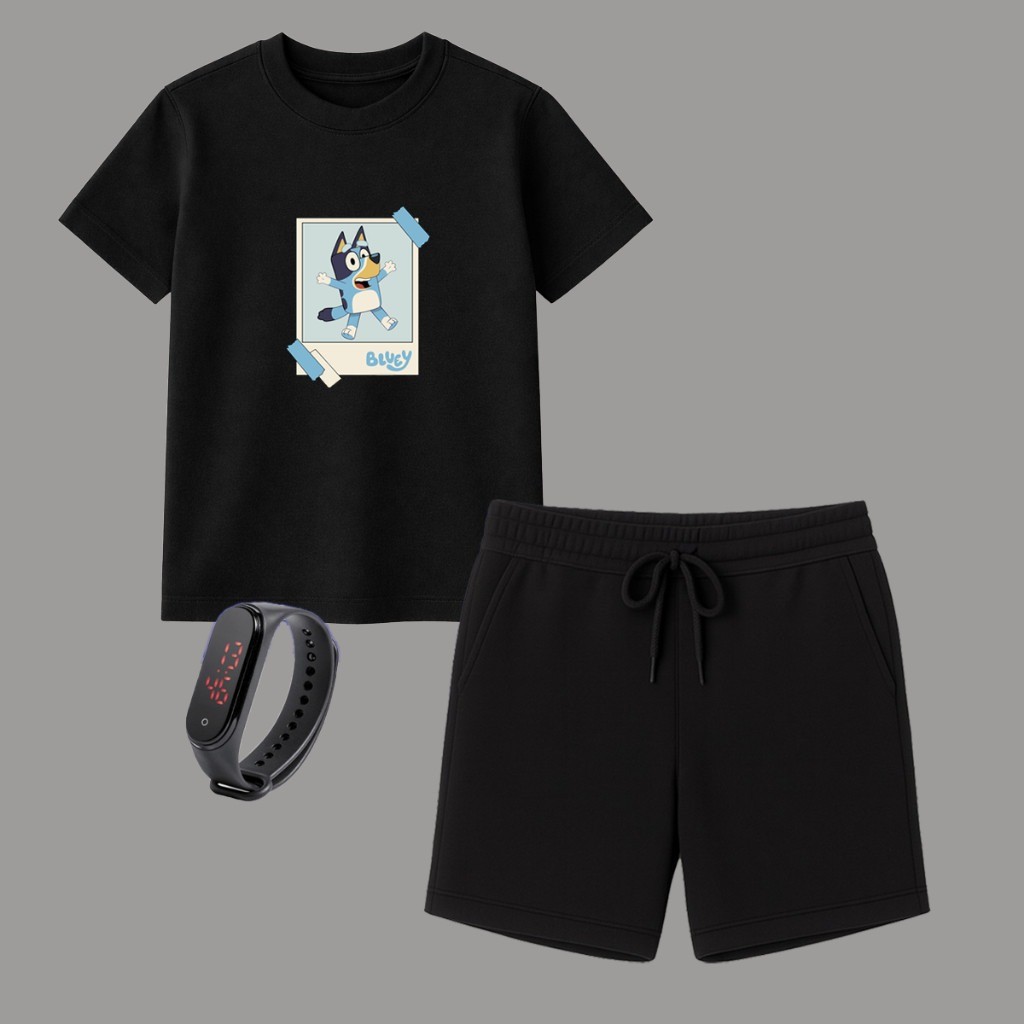 Conjunto infantil Camiseta + Bermuda  Moletinho + Brinde Relógio estampa Desenho Bluey oferta