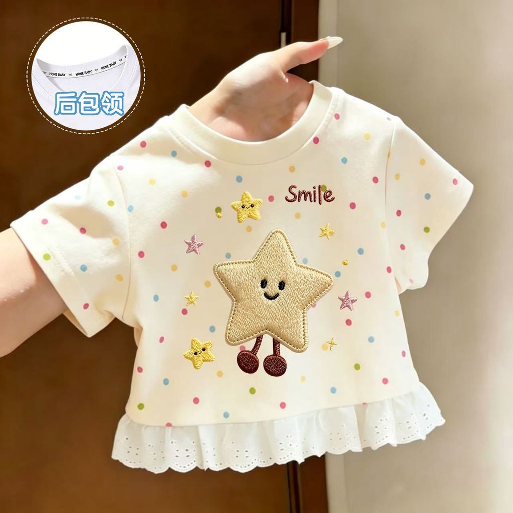 Bebê menina verão camiseta menina bebê menina All-Match manga curta camiseta renda médio pequeno crianças bebê menina ve