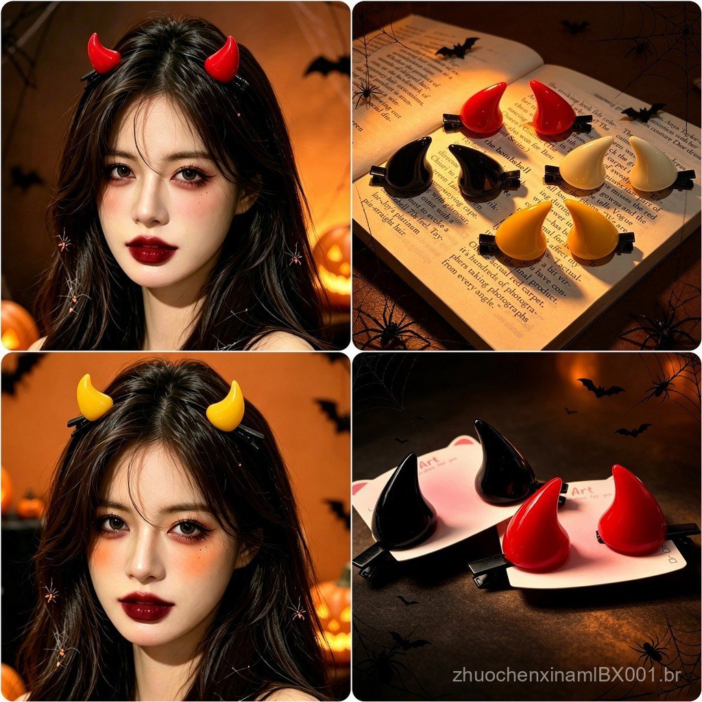 Presilha de cabelo de diabinho de Halloween, mini presilha de chifres 3D, estilo doce e cool, acessório de cabelo engraç