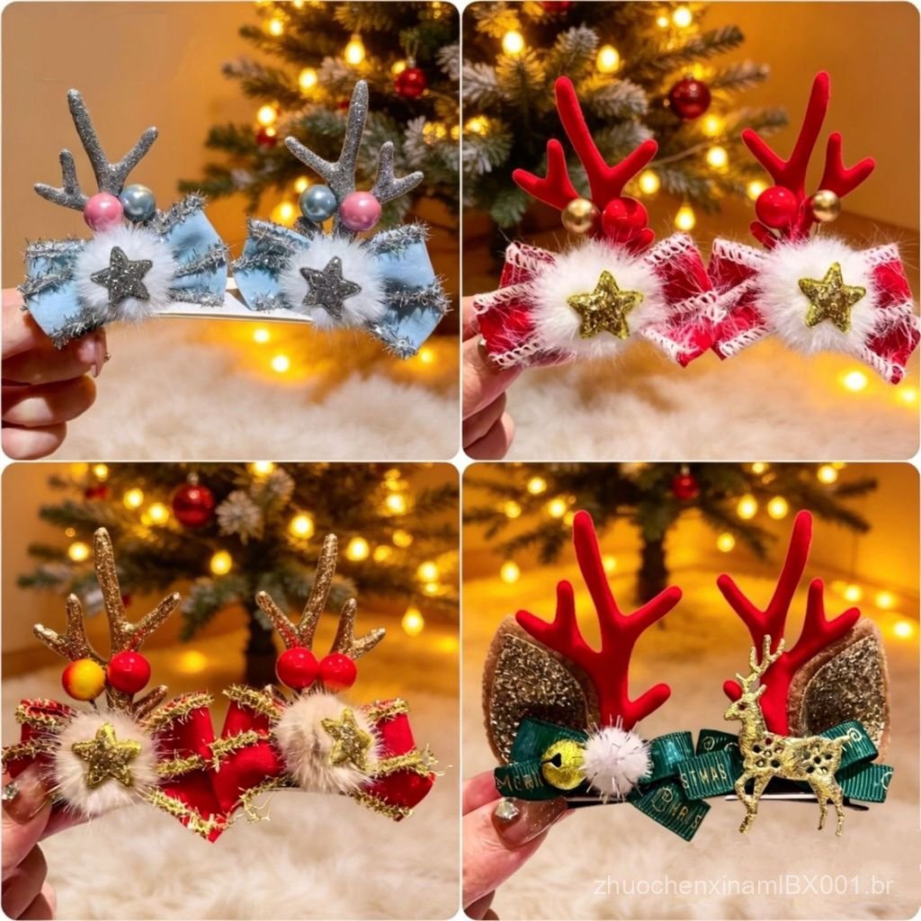 Presilha de Natal infantil com rena e Papai Noel, presilha lateral para franja, acessório de cabelo natalino para menina