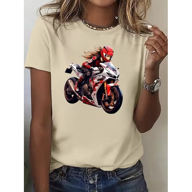 Camiseta Feminina Manga Curta Estampada Motociclista Confortável Linda Moderna Estilosa Casual Tendência Verão