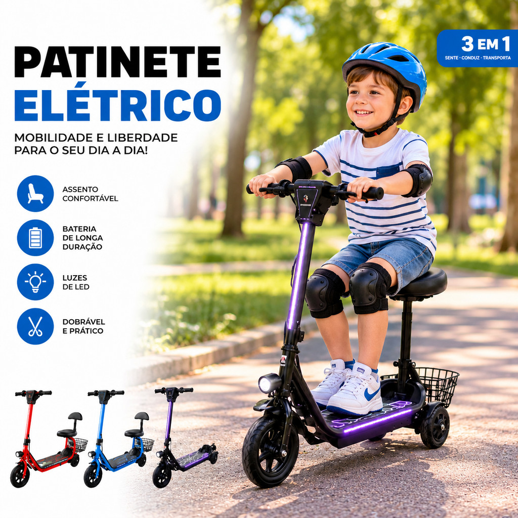 Patinete Elétrico 3 Rodas com Banco LED Dobrável Adulto Cesta Mobilidade