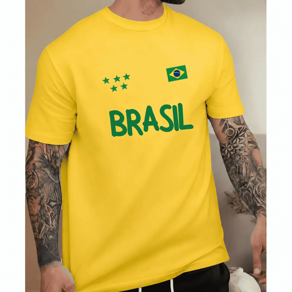 Camiseta Masculina Blusa Brasil Lançamento  Do P ao GG Algodão Fio 30 Amarela Não Desbota
