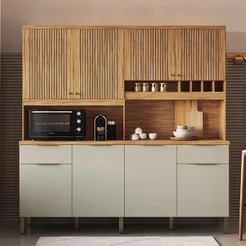 Armário de Cozinha Compacta 8 Portas 2 Gavetas e Mini Adega 200cm 100% MDF Hungria Espresso Móveis Bege/Amêndoa/Off